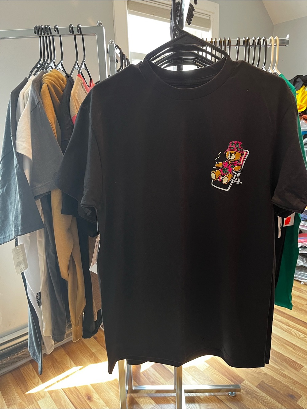 Black Short-Sleeve Graphic Tee with Beach Bear Motif